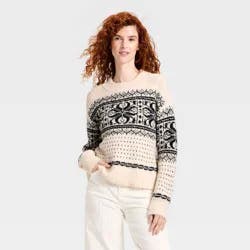 Women's Long Sleeve Cozy Alpine Snowflake Crewneck Pullover Sweater - Universal Thread™ Cream M