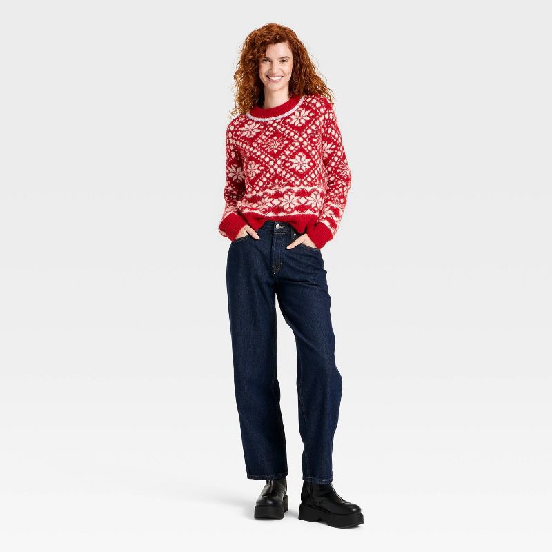 slide 3 of 3, Women's Cozy Alpine Snowflake Crewneck Pullover Sweater - Universal Thread™ Red M, 1 ct