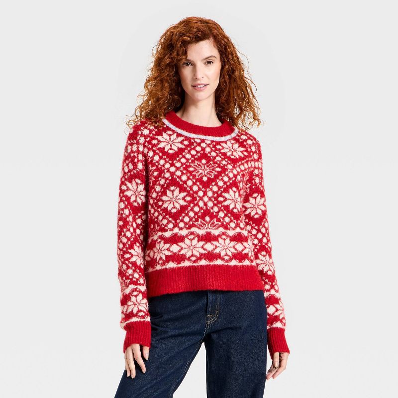 slide 1 of 3, Women's Cozy Alpine Snowflake Crewneck Pullover Sweater - Universal Thread™ Red M, 1 ct