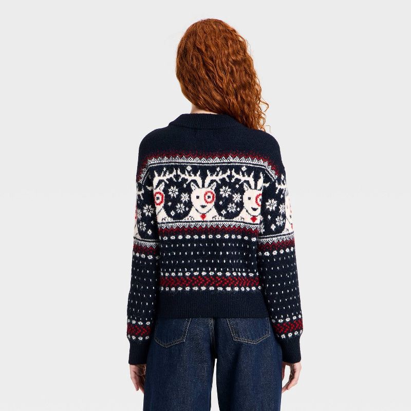 slide 2 of 3, Women's Long Sleeve Cozy Alpine Bullseye Dog Crewneck Pullover Sweater - Universal Thread™ Navy Blue M, 1 ct