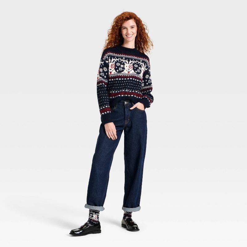 slide 3 of 3, Women's Long Sleeve Cozy Alpine Bullseye Dog Crewneck Pullover Sweater - Universal Thread™ Navy Blue M, 1 ct