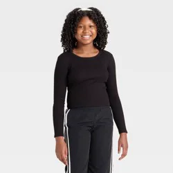 Girls' Long Sleeve Crew Neck Ribbed T-Shirt - art class™ Black M