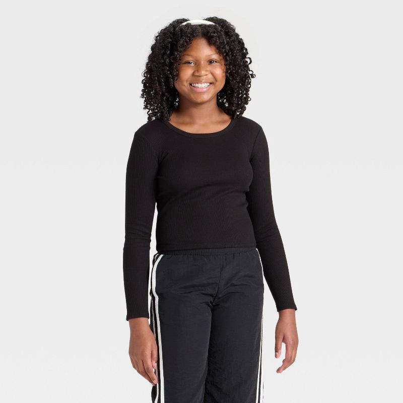 slide 1 of 3, Girls' Long Sleeve Crew Neck Ribbed T-Shirt - art class™ Black L, 1 ct