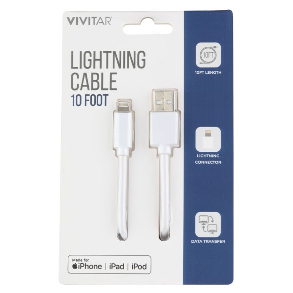 slide 1 of 2, Vivitar Lightning To Usb-A Cable, 10', White, Nil1010-Wht-Stk-24, 1 ct
