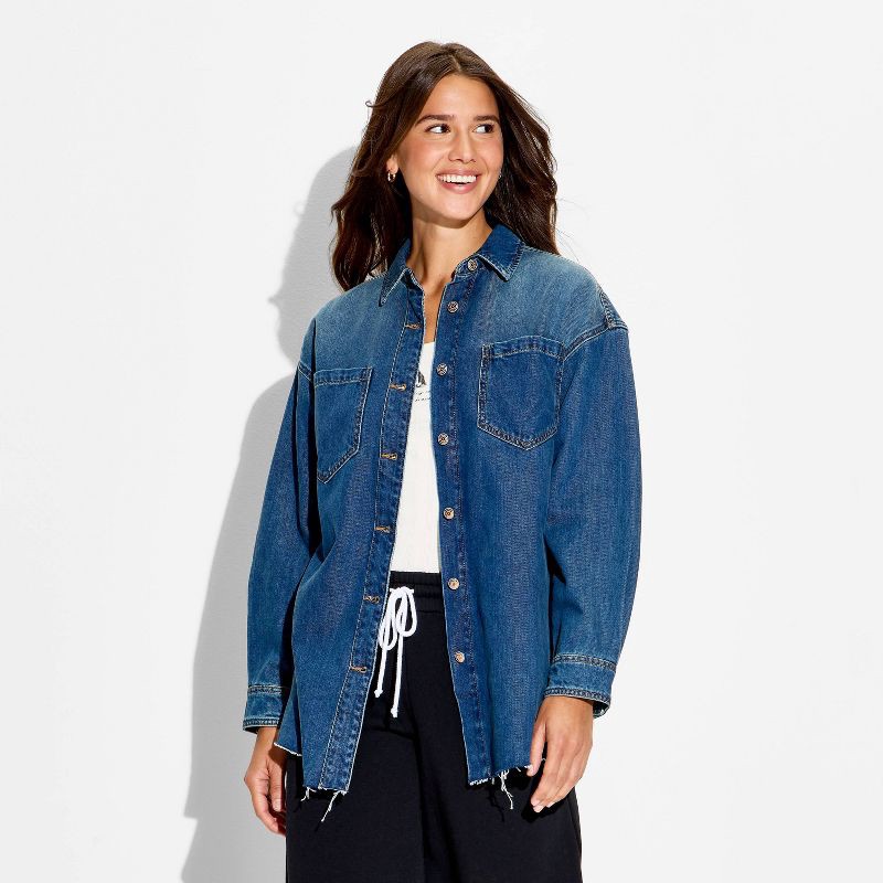 slide 2 of 3, Women's Long Sleeve Button-Down Denim Shirt - Wild Fable™ Medium Wash S, 1 ct