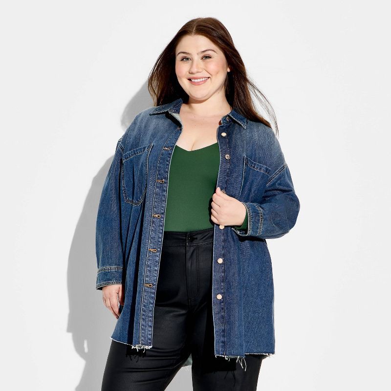 slide 2 of 3, Women's Long Sleeve Button-Down Denim Shirt - Wild Fable™ Medium Wash XXL, 1 ct