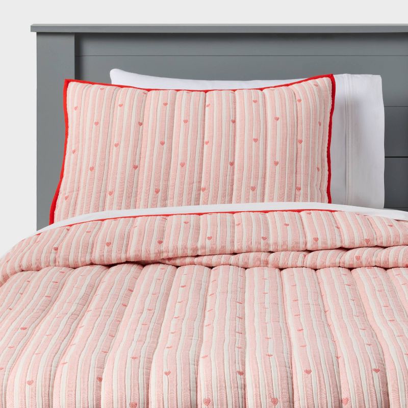 slide 1 of 5, Twin Patisserie Heart Striped Kids' Quilt Set - Pillowfort™, 1 ct