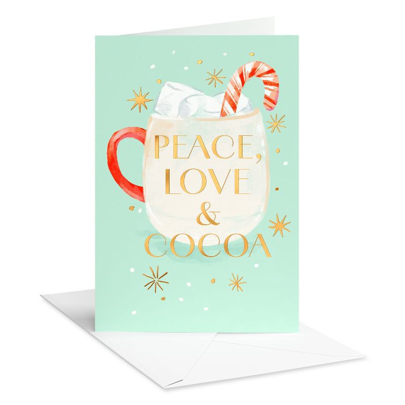 slide 1 of 4, Carlton Cards Christmas Card Peace Love and Cocoa Cocoa Mug Includes Envelope, 1 ct