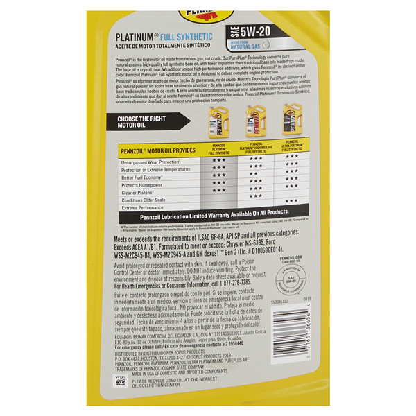 slide 4 of 5, Pennzoil Platinum Full Synthetic SAE 5W-20 Motor Oil, 5 qt