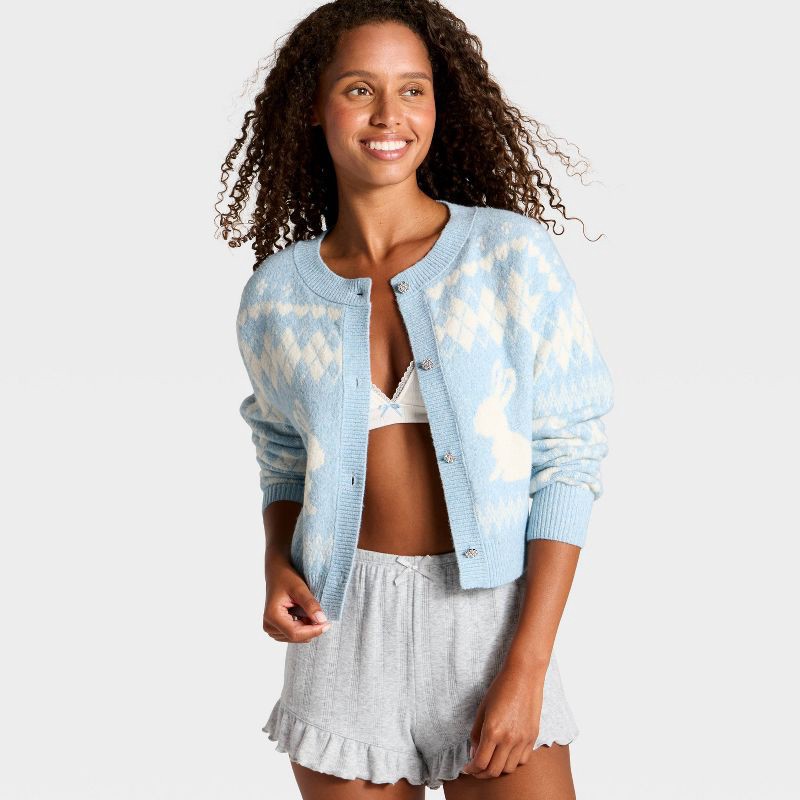slide 3 of 3, Women's Rabbit Print Cropped Cardigan Sweater - Wild Fable™ Blue S, 1 ct