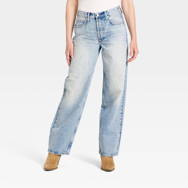 slide 1 of 6, Women's Mid-Rise 90's Baggy Denim Rhinestone Jeans - Universal Thread™ Light Wash 8, 1 ct