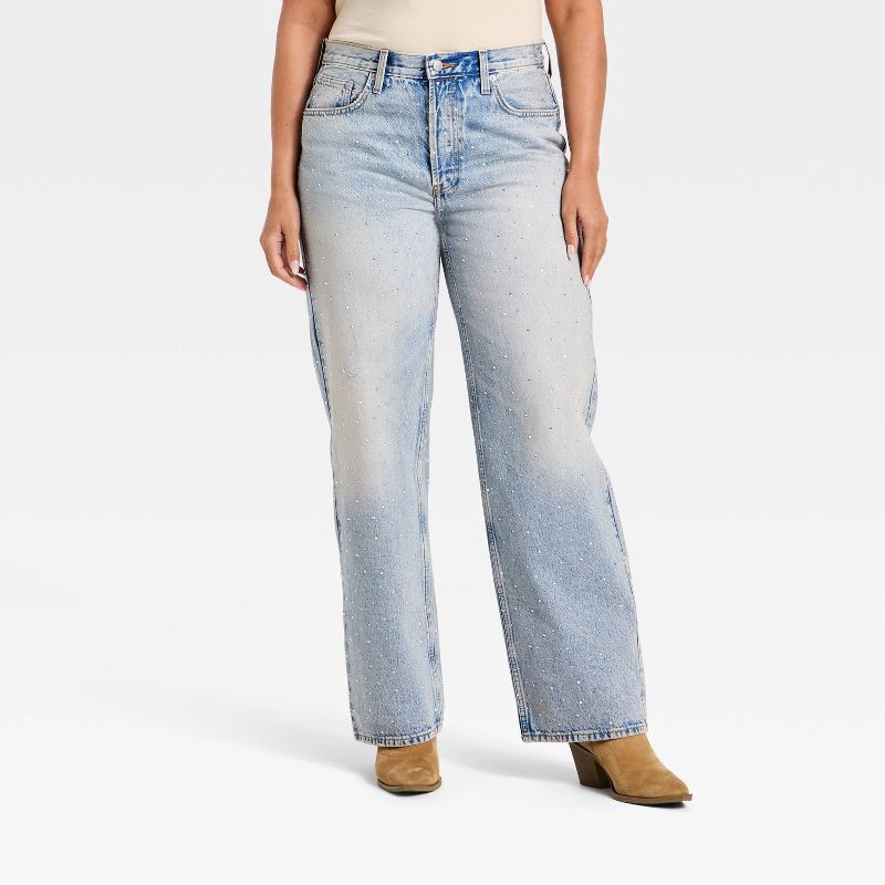 slide 5 of 6, Women's Mid-Rise 90's Baggy Denim Rhinestone Jeans - Universal Thread™ Light Wash 14, 1 ct