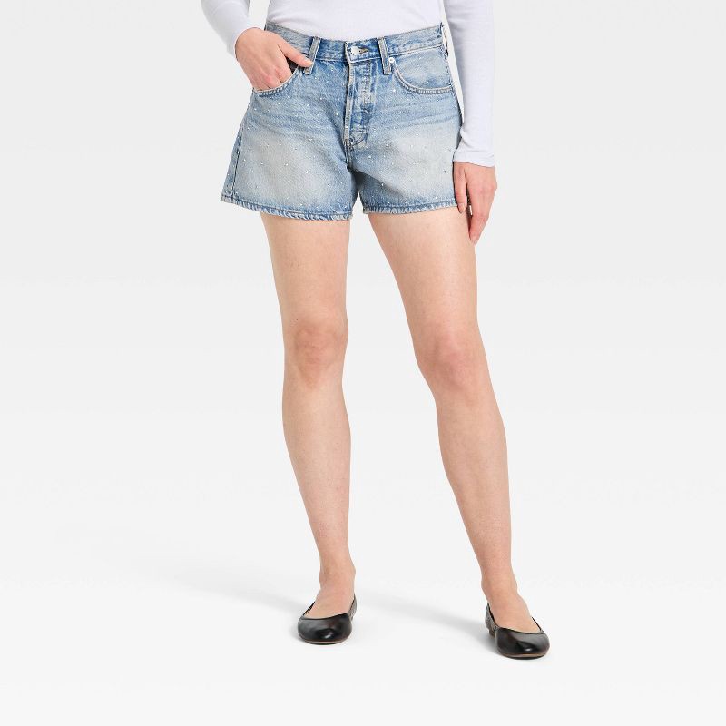 slide 1 of 6, Women's Mid-Rise 90's Baggy Rhinestone Denim Shorts - Universal Thread™ Light Wash 14, 1 ct