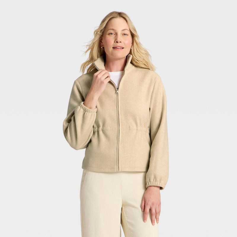 slide 1 of 4, Women's Brushed Cinched Waist Zipped Jacket - A New Day™ Brown M, 1 ct