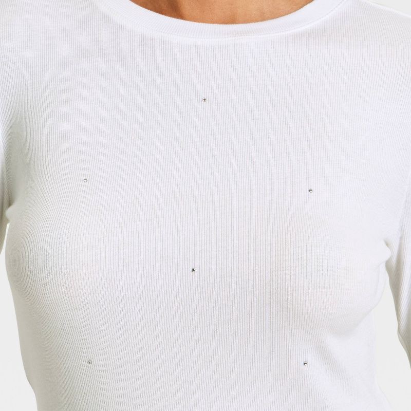slide 4 of 5, Women's Slim Fit Long Sleeve Embellished Ribbed Top - A New Day™ White S, 1 ct