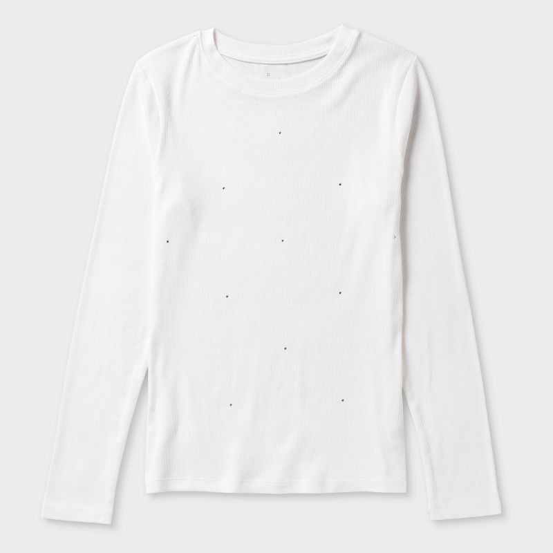 slide 5 of 5, Women's Slim Fit Long Sleeve Embellished Ribbed Top - A New Day™ White S, 1 ct