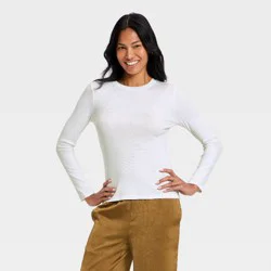 Women's Slim Fit Long Sleeve Embellished Ribbed Top - A New Day™ White S