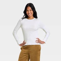 Women's Slim Fit Long Sleeve Embellished Ribbed Top - A New Day™ White S