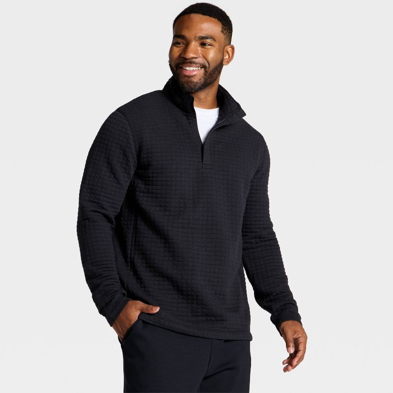 slide 3 of 3, Men's Quilted Fleece 1/2 Zip Pullover Sweatshirt - All In Motion™ Black S, 1 ct