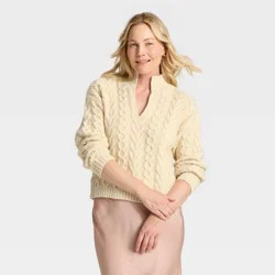 Women's Turnover Neck Cable Knit Pullover Sweater - A New Day™ Cream XS