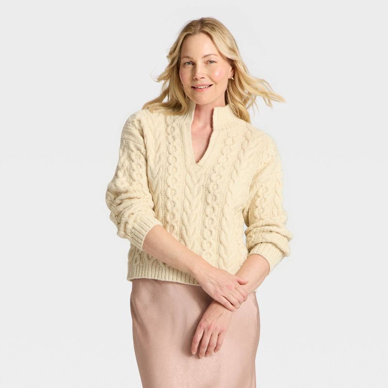 slide 1 of 3, Women's Long Sleeve Turnover Neck Cable Pullover Sweater - A New Day™ Cream S, 1 ct