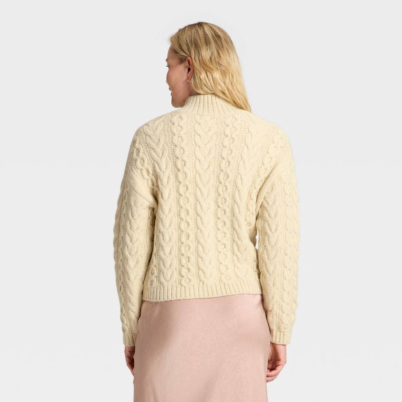 slide 2 of 3, Women's Turnover Neck Cable Knit Pullover Sweater - A New Day™ Cream M, 1 ct