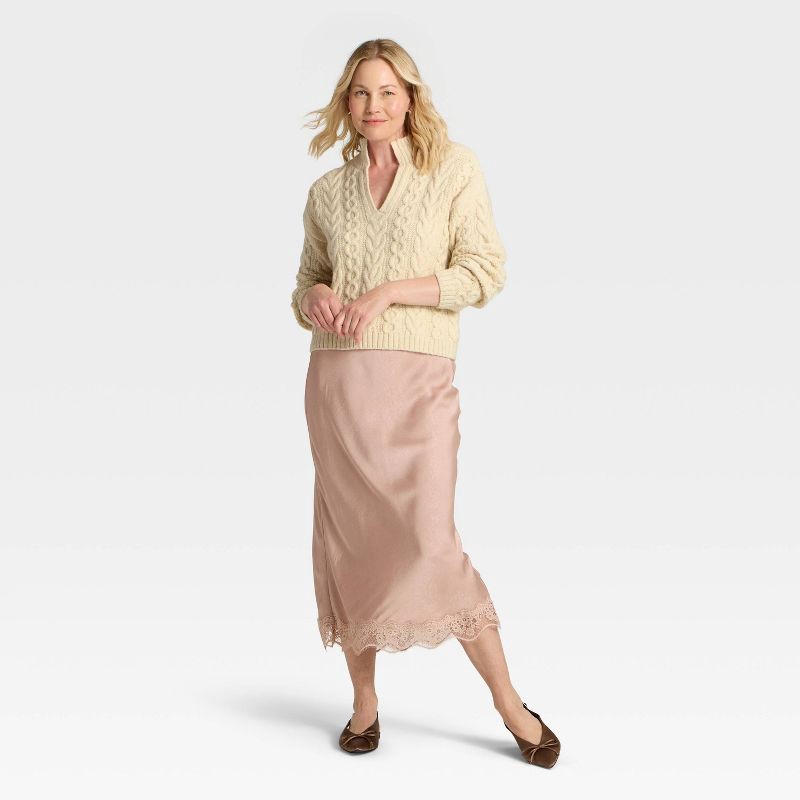 slide 3 of 3, Women's Turnover Neck Cable Knit Pullover Sweater - A New Day™ Cream M, 1 ct