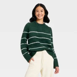 Women's Long Sleeve Fuzzy Pullover Sweater - A New Day™ Green Striped M