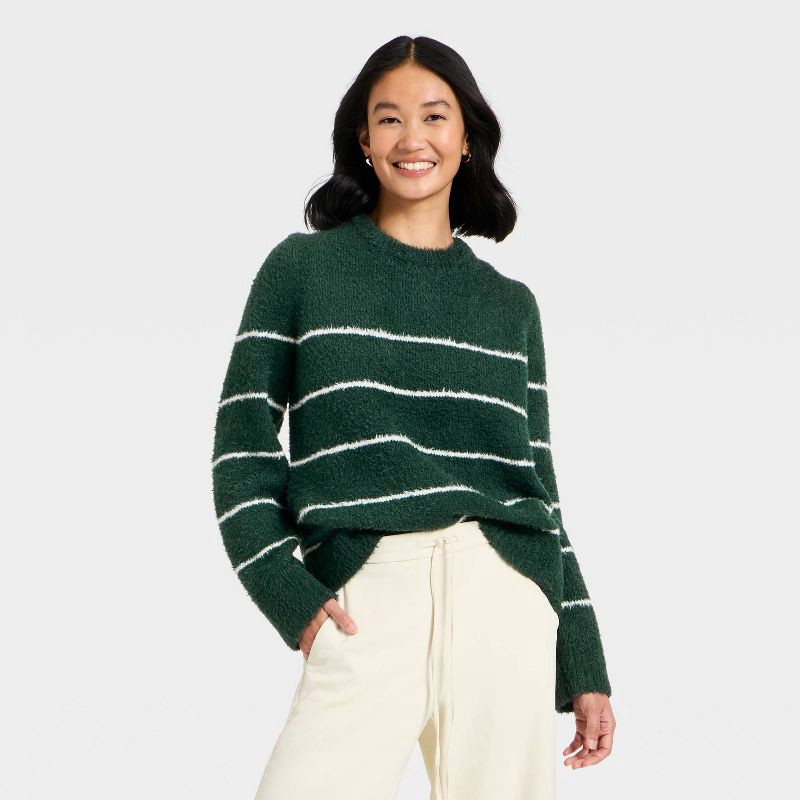 slide 1 of 3, Women's Fuzzy Pullover Sweater - A New Day™ Green Striped L, 1 ct