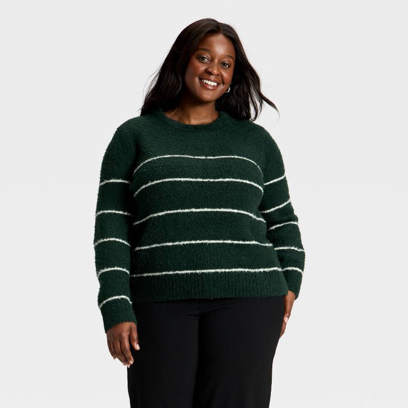 slide 1 of 3, Women's Fuzzy Pullover Sweater - A New Day™ Green Striped XXL, 1 ct