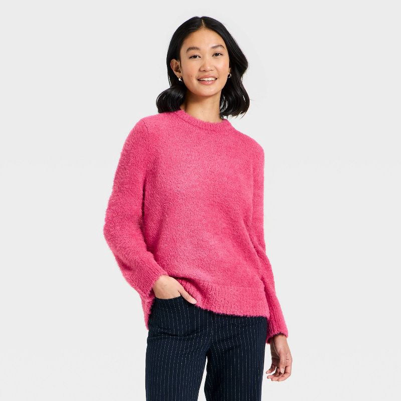 slide 1 of 3, Women's Long Sleeve Fuzzy Pullover Sweater - A New Day™ Pink XL, 1 ct