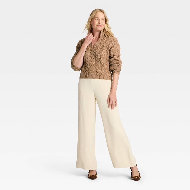 slide 3 of 3, Women's Turnover Neck Cable Pullover Sweater - A New Day™ Brown XS, 1 ct