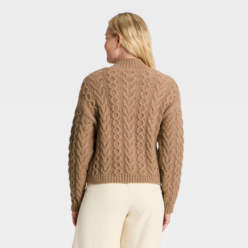 slide 2 of 3, Women's Long Sleeve Turnover Neck Cable Pullover Sweater - A New Day™ Brown M, 1 ct
