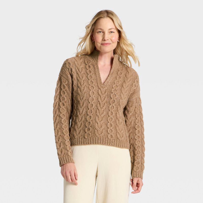 slide 1 of 3, Women's Long Sleeve Turnover Neck Cable Pullover Sweater - A New Day™ Brown M, 1 ct