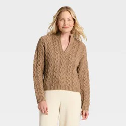 Women's Turnover Neck Cable Knit Pullover Sweater - A New Day™ Brown M