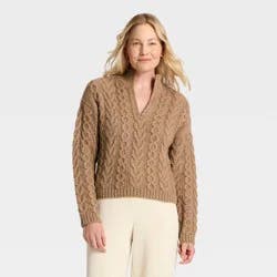 Women's Turnover Neck Cable Knit Pullover Sweater - A New Day™ Brown L