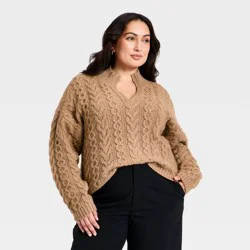 Women's Turnover Neck Cable Knit Pullover Sweater - A New Day™ Brown XXL