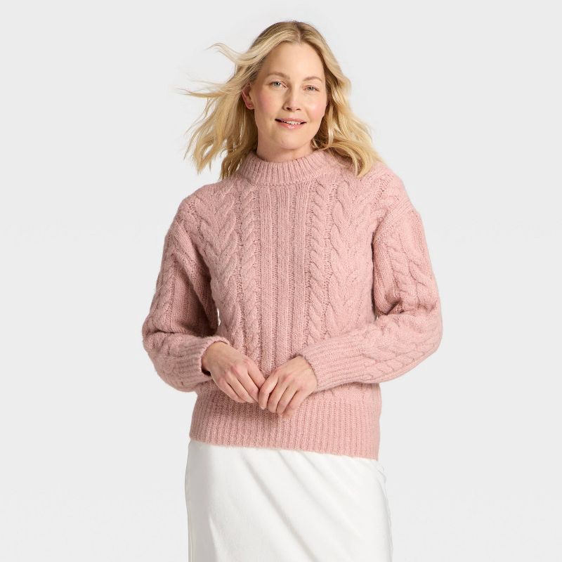 slide 1 of 3, Women's Cabled Sweater - A New Day™ Pink L, 1 ct