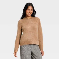 Women's Long Sleeve Fuzzy Pullover Sweater - A New Day™ Brown L