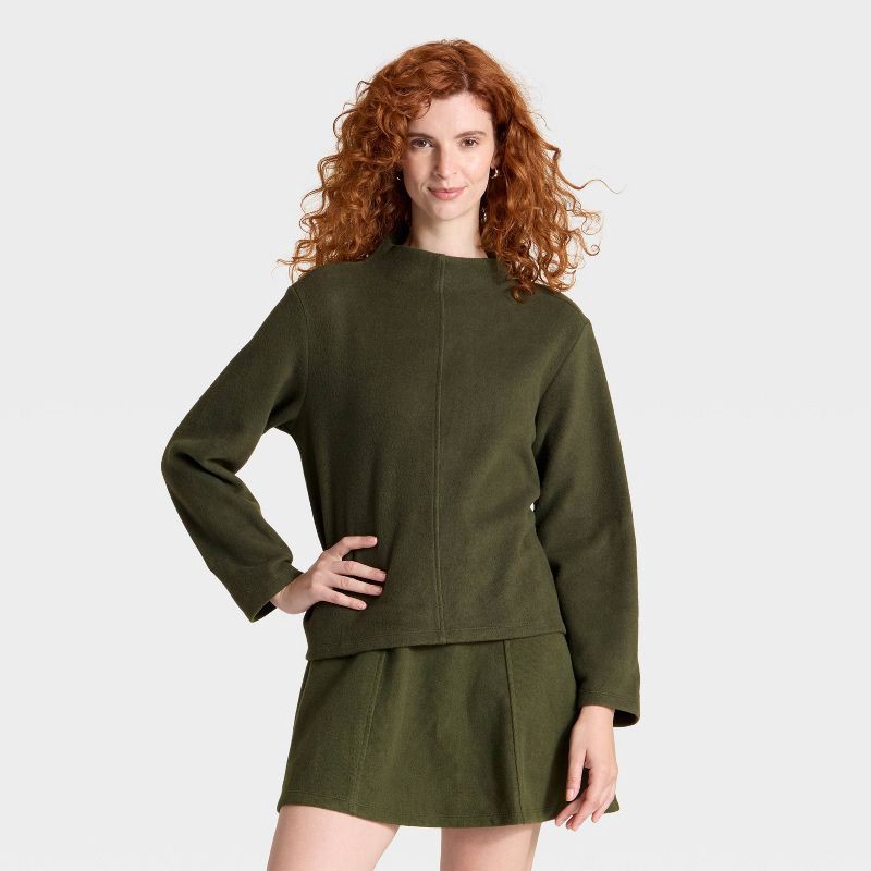 slide 1 of 4, Women's Long Sleeve Brushed Mockneck Top - A New Day™ Olive XS, 1 ct