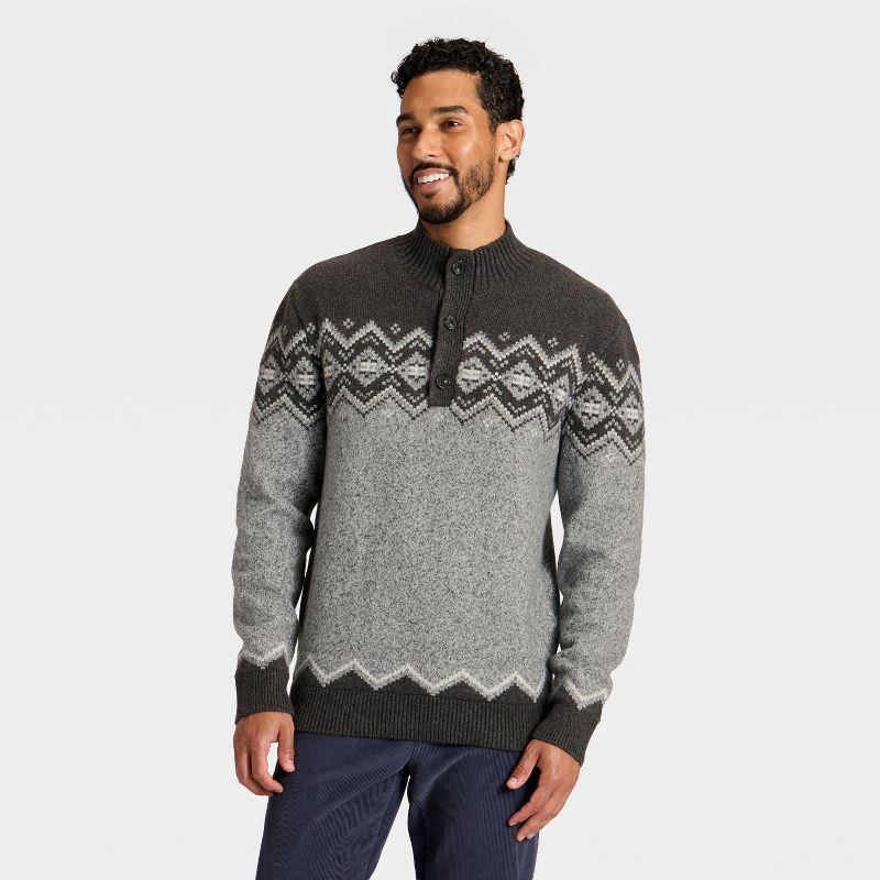 slide 1 of 3, Men's Fair Isle Mock Neck Button Sweater - Goodfellow & Co™ Gray L, 1 ct