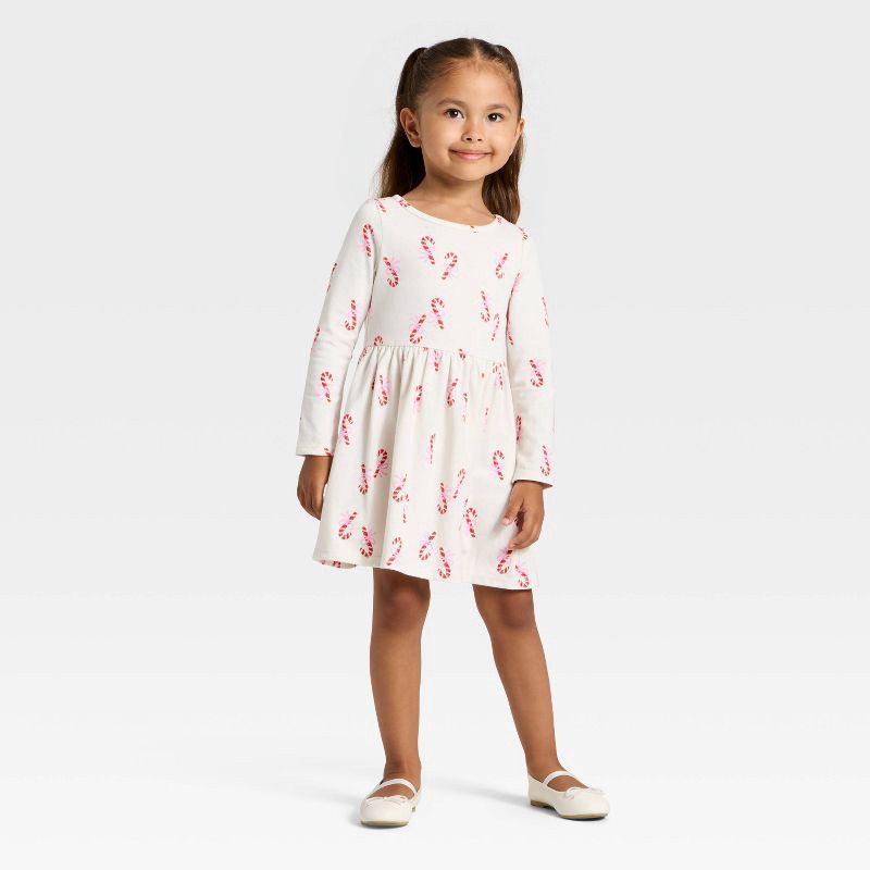 slide 2 of 3, Toddler Girls' Long Sleeve Candy Cane Dress - Cat & Jack™ Cream 3T, 1 ct
