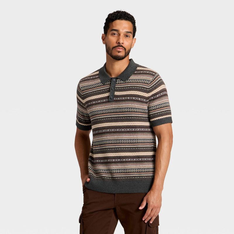 slide 1 of 3, Men's Short Sleeve Fair Isle Sweater - Goodfellow & Co™ Brown M, 1 ct