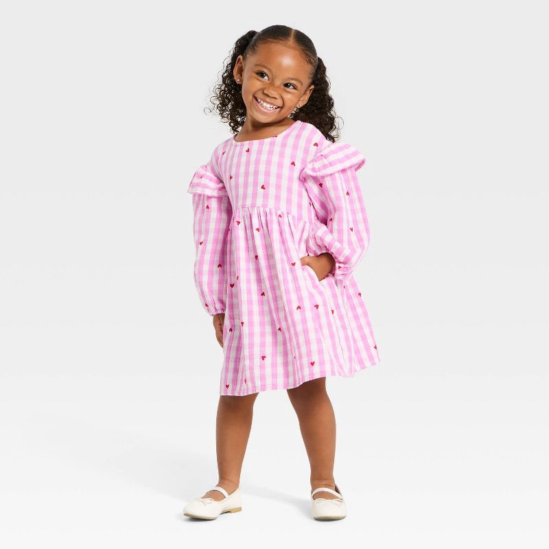 slide 3 of 3, Toddler Girls' Long Sleeve Ruffle Dress - Cat & Jack™ Pink 18M, 1 ct