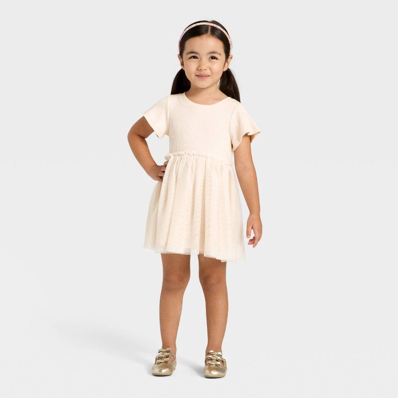 slide 3 of 3, Toddler Girls' Short Sleeve Sparkle Ribbed Tulle Dress - Cat & Jack™ Beige 5T, 1 ct