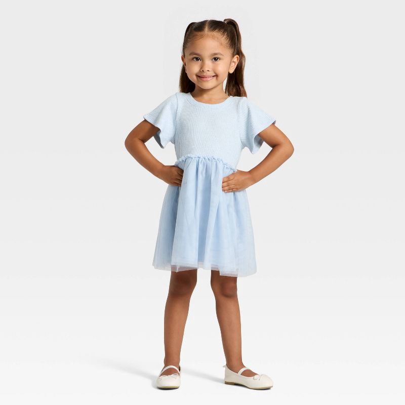 slide 2 of 3, Toddler Girls' Short Sleeve Sparkle Ribbed Tulle Dress - Cat & Jack™ Blue 18M, 1 ct