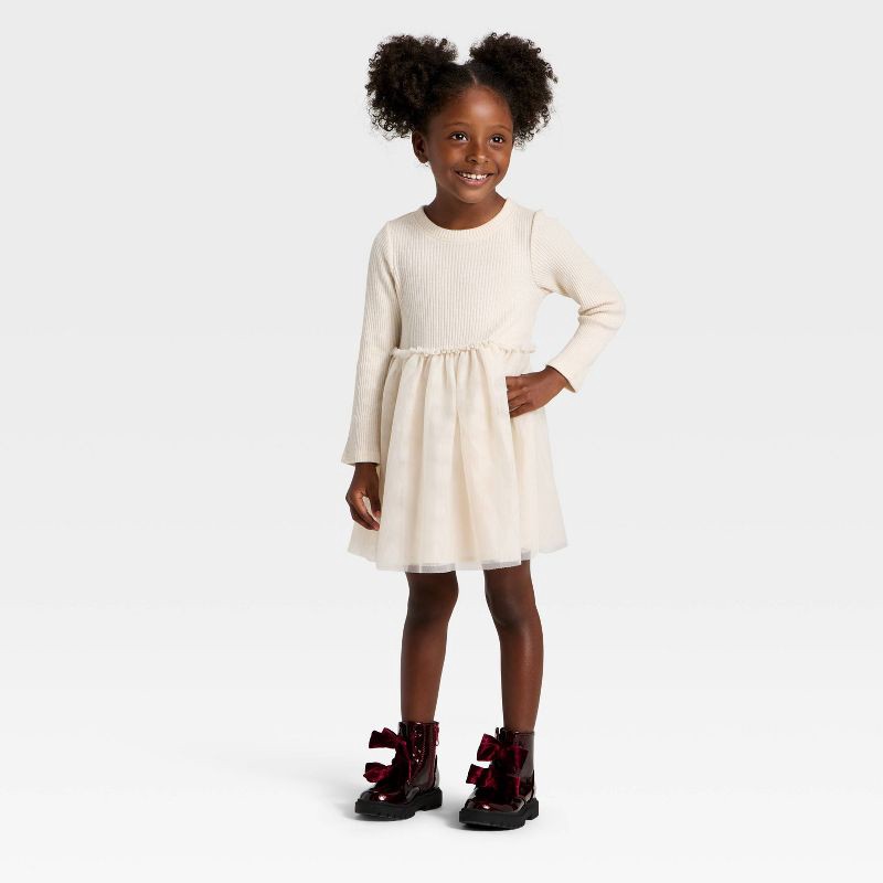 slide 3 of 3, Toddler Girls' Long Sleeve Sparkle Ribbed Tulle Dress - Cat & Jack™ Beige 18M, 1 ct