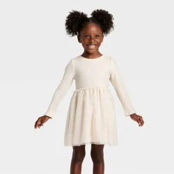 Toddler Girls' Long Sleeve Sparkle Ribbed Tulle Dress - Cat & Jack™ Beige 4T