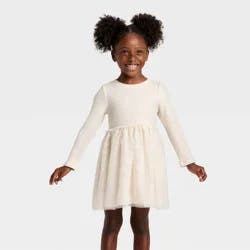 Toddler Girls' Long Sleeve Sparkle Ribbed Tulle Dress - Cat & Jack™ Beige 4T
