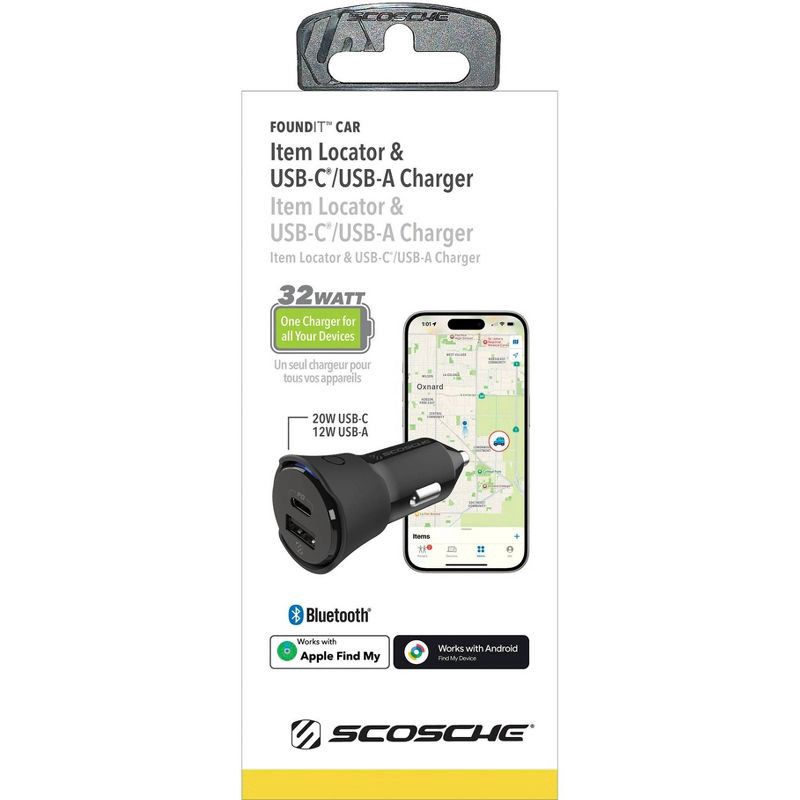 slide 6 of 6, Scosche 32W USB-C / USB-A Car Charging and Item Locator for Android and Apple Find My, 1 ct